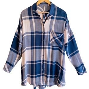 FREE PEOPLE Oversized Slouchy Lightweight Plaid Button Down Shirt Size SP